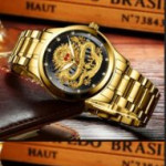 New Golden Mens Watches Top Brand Luxury Chinese Dragon Watch Business Full Steel Quartz Clock Male Relogio Masculino