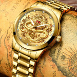 New Golden Mens Watches Top Brand Luxury Chinese Dragon Watch Business Full Steel Quartz Clock Male Relogio Masculino